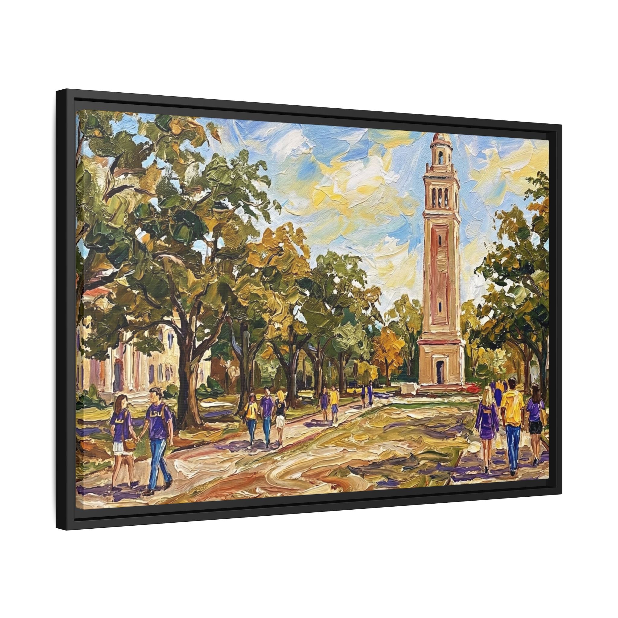 Saturday on Campus: Memorial Tower & Oak Grove Framed Canvas