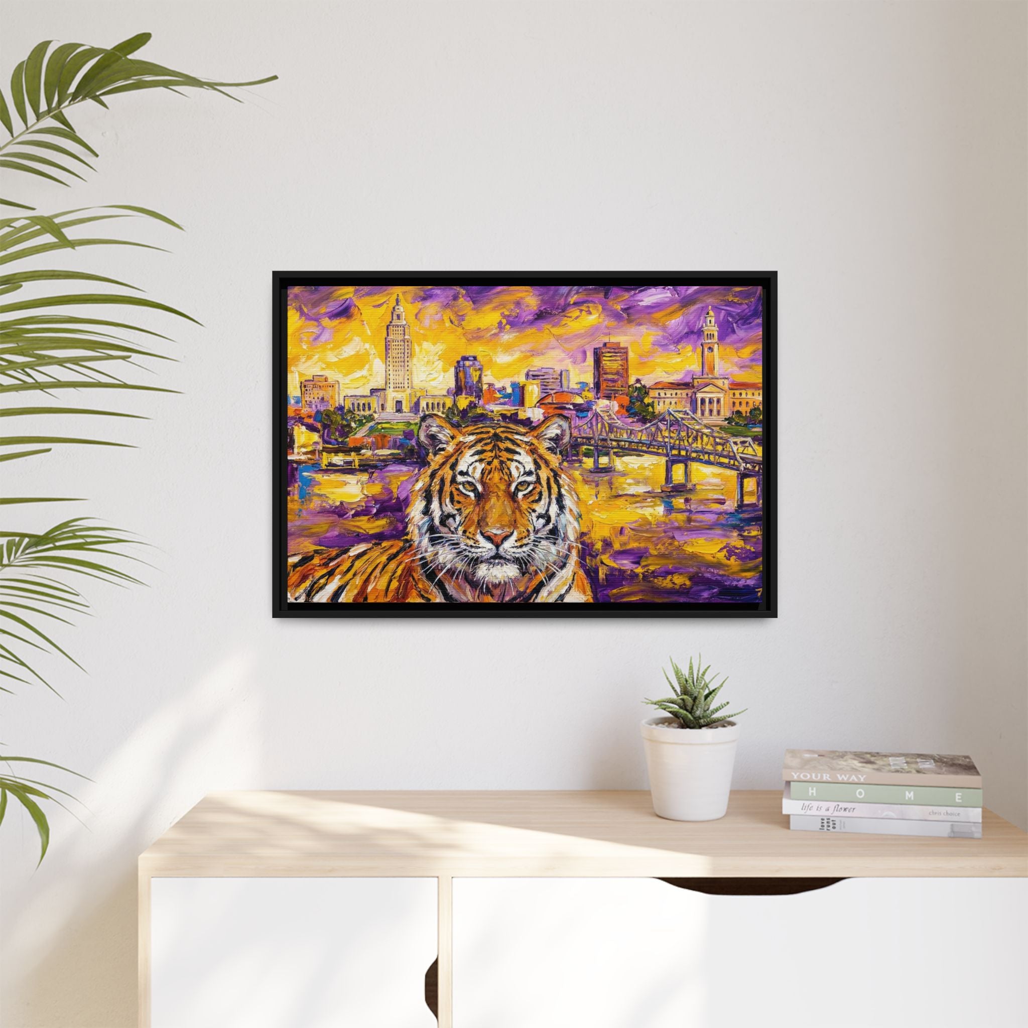 Baton Rouge Skyline & Tiger Framed Canvas - Purple & Gold Louisiana Wall Art