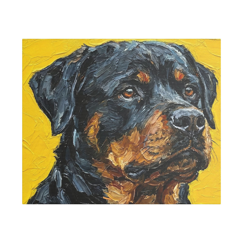 Bold Companion: Textured Rottweiler Portrait on Yellow Canvas