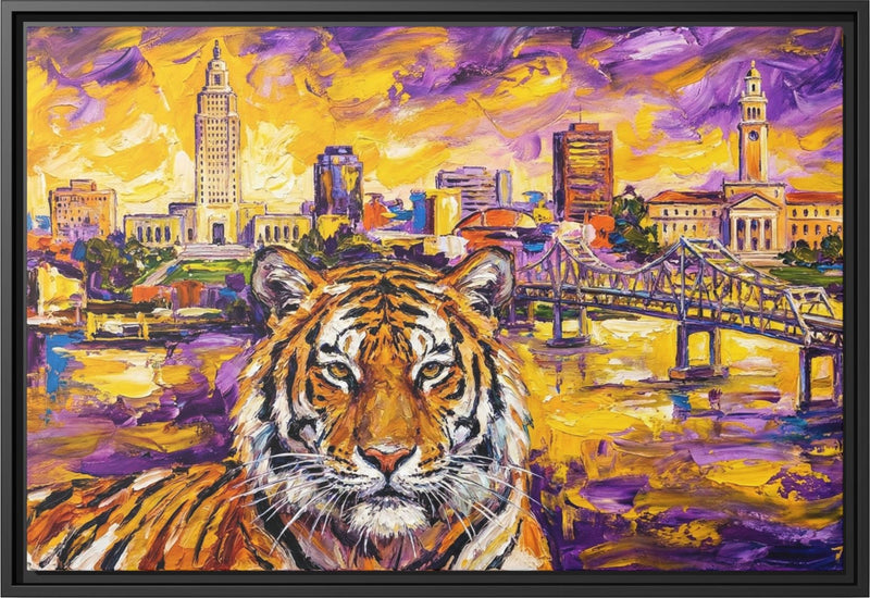 Baton Rouge Skyline & Tiger Framed Canvas - Purple & Gold Louisiana Wall Art