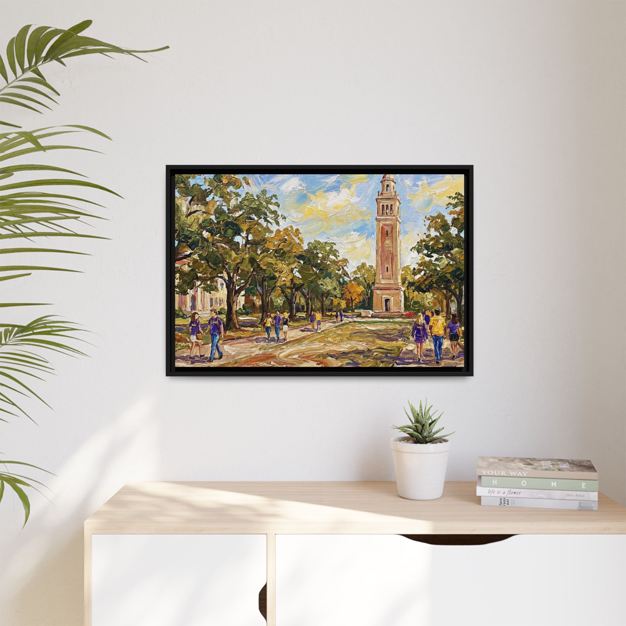 Saturday on Campus: Memorial Tower & Oak Grove Framed Canvas