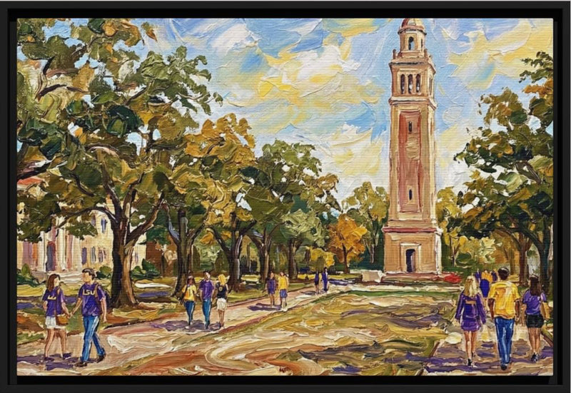 Saturday on Campus: Memorial Tower & Oak Grove Framed Canvas