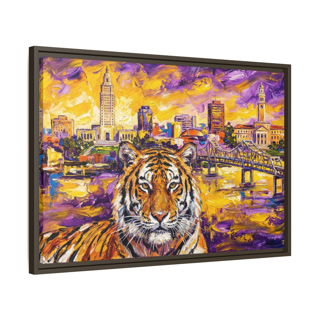 Baton Rouge Skyline & Tiger Framed Canvas - Purple & Gold Louisiana Wall Art