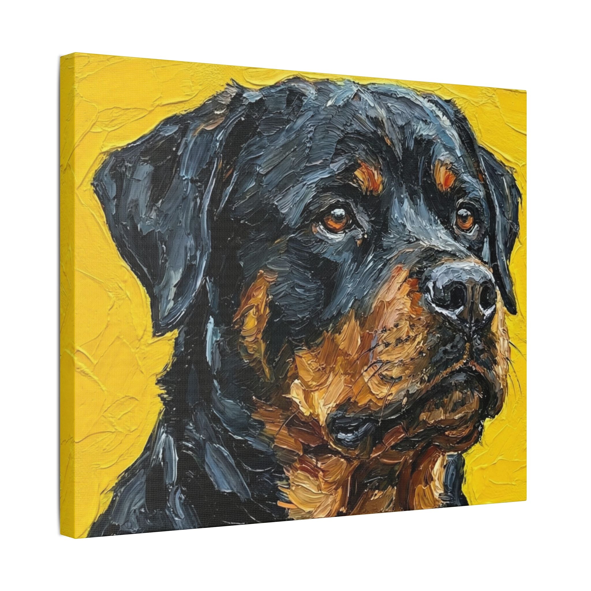 Bold Companion: Textured Rottweiler Portrait on Yellow Canvas