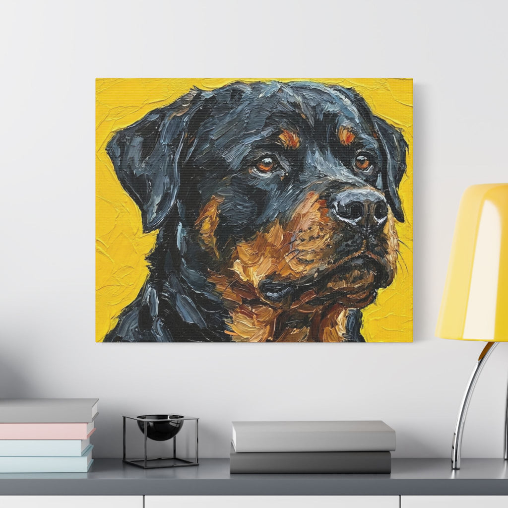 Bold Companion: Textured Rottweiler Portrait on Yellow Canvas