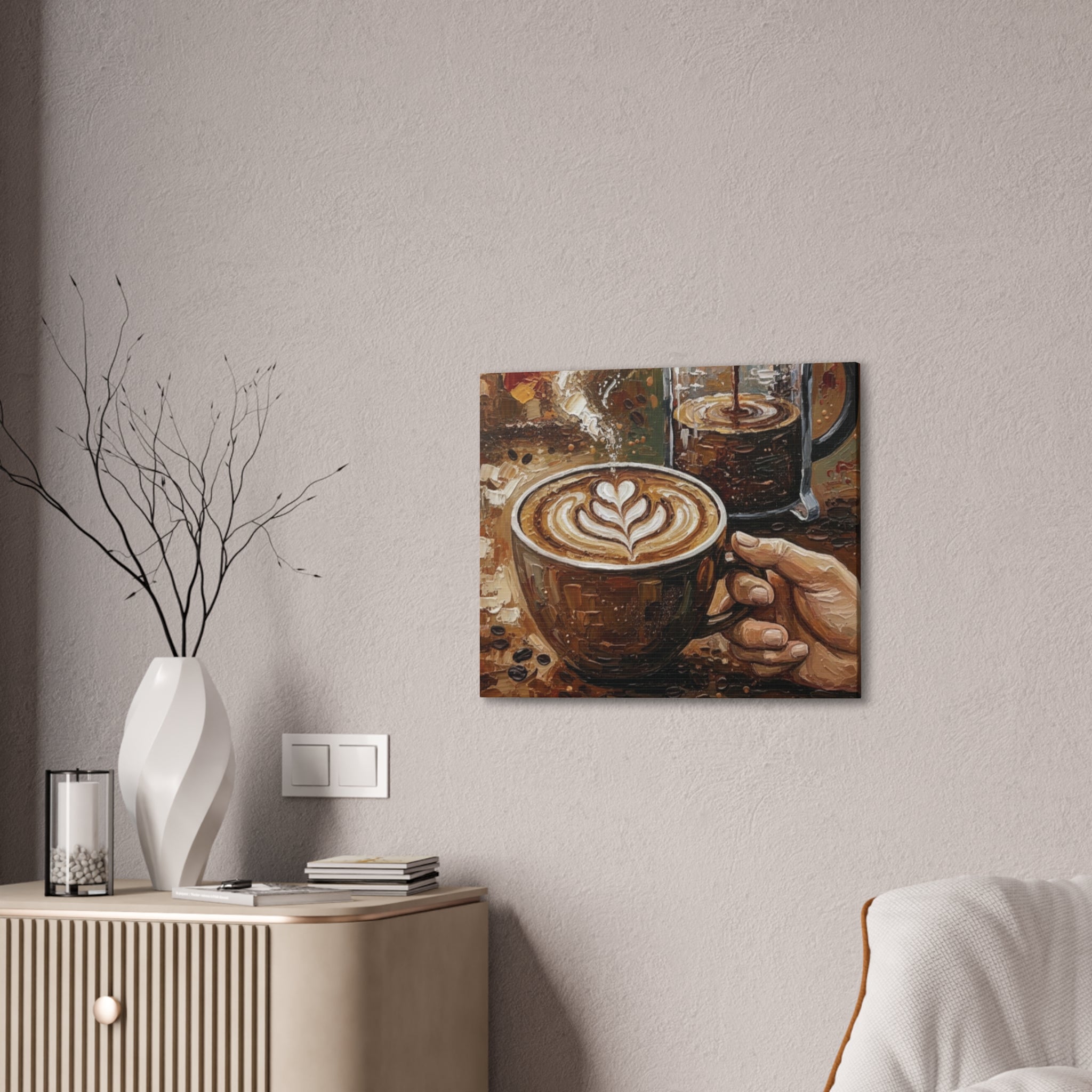 Textured Coffee Art - Original Impasto Acrylic Painting on Canvas, French Press and Latte